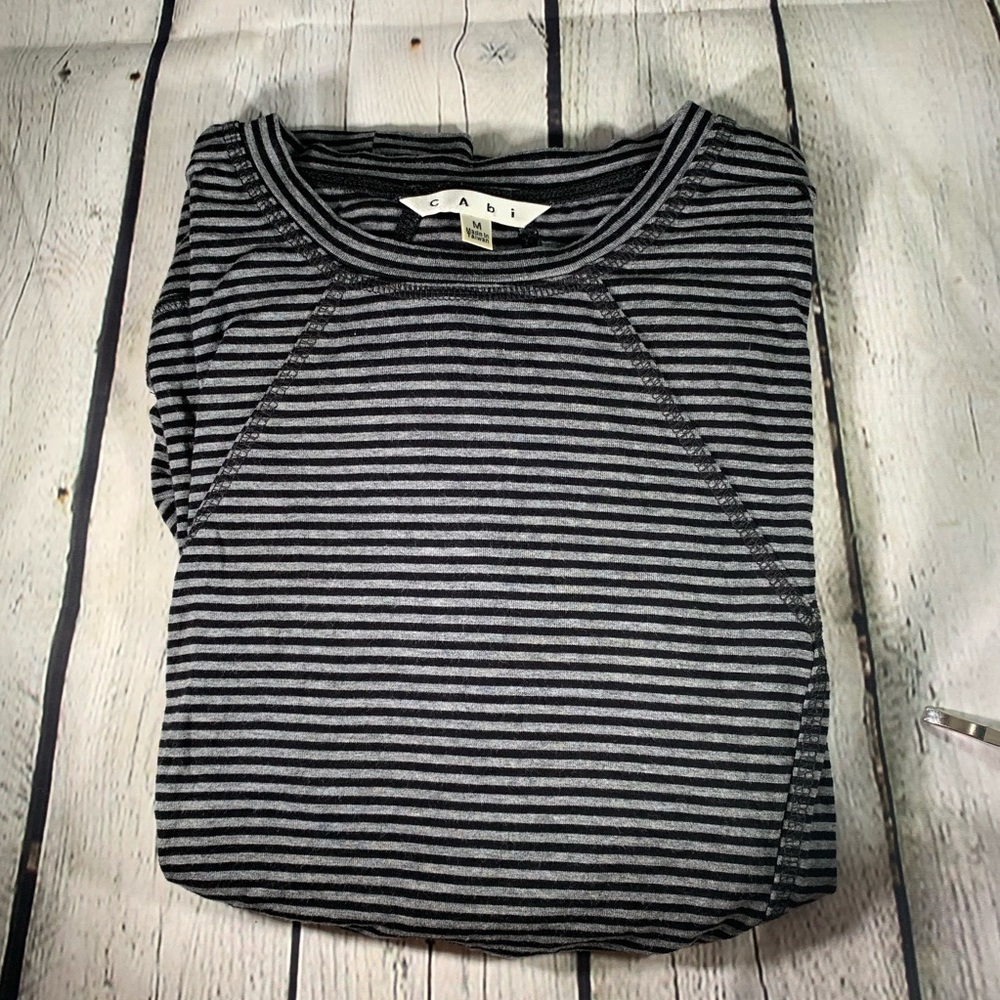 CAbi Black and Gray Striped Rutched Top